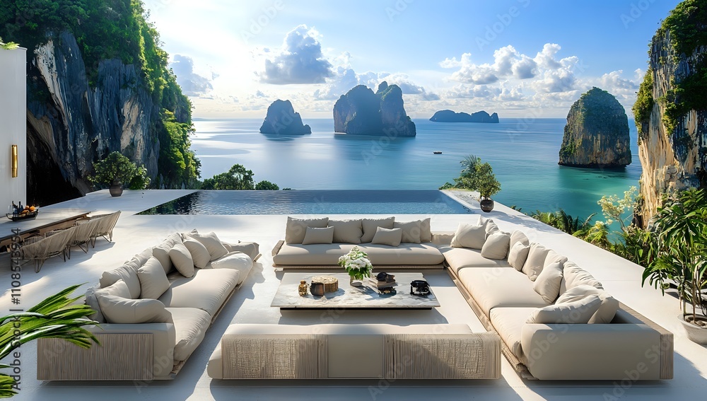 Fototapeta premium Luxury Villa with Infinity Pool and Breathtaking Ocean View of Tropical Islands