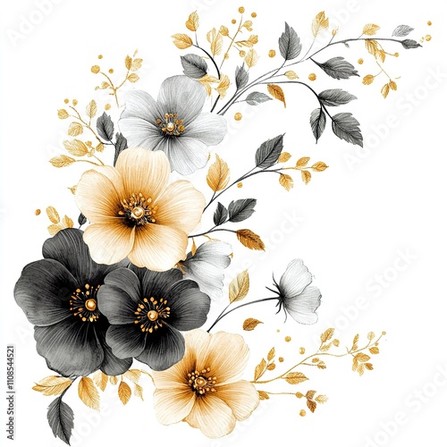 Elegant Gold And Gray Floral Watercolor Bouquet