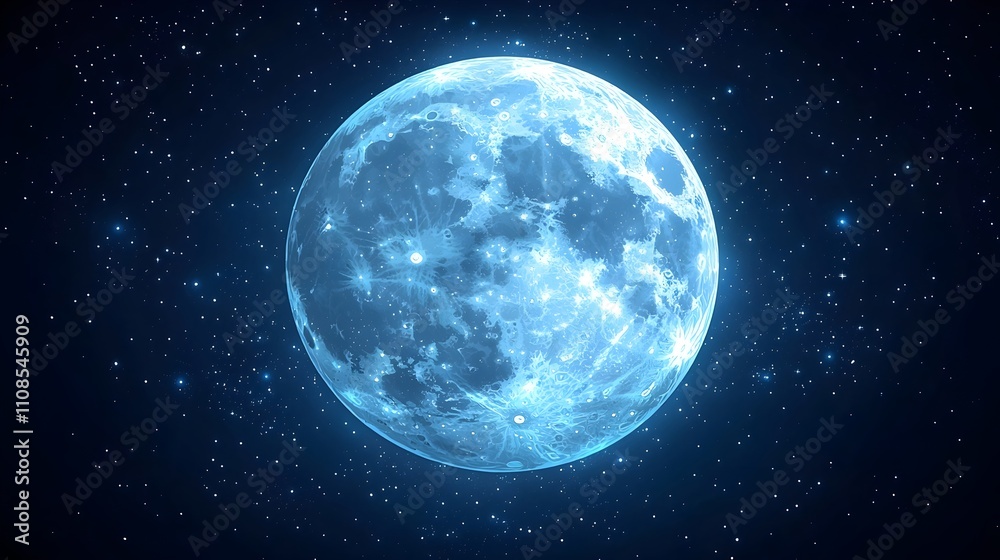 Obraz premium A stunning full moon illuminates the night sky, surrounded by a myriad of twinkling stars, creating a serene and magical atmosphere.