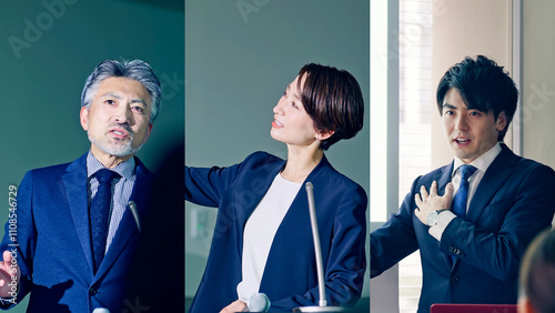 Quadro su tela セミナー、講師、ビジネス、ビジネスマン、ビジネスウーマン、講座、経営者、論客、討論会、パネルディスカッション、コラージュ、社長、男性、女性、日本人、講習、サロン