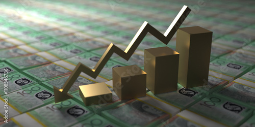 Australian currency collapse illustration, decoreted australian money stack and graph 3d renderinag