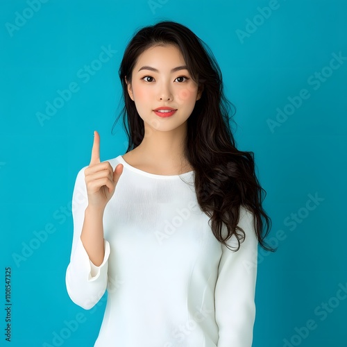 An Asian woman presenting and pointing, with a light blue background that emphasizes her beauty, confidence, and elegance. photo