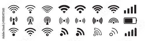Wireless icon. Wi-fi symbol set. router wireless technology. Free wireless zone. Public wifi area solid sign.
