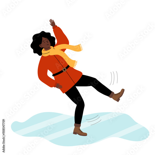 Woman slips on ice while wearing a winter coat and scarf during a cold day