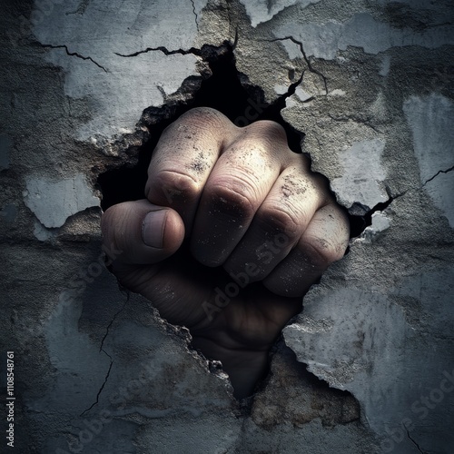 Conceptual design of a hand breaking through a wall, symbolizing overcoming barriers with determination.