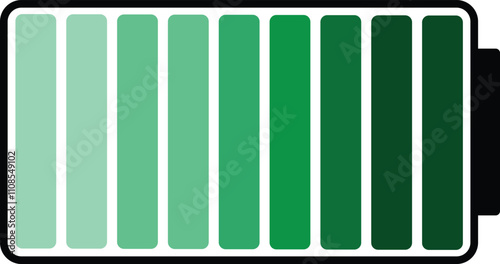 Battery icon vector. Full charge symbol. Green battery icon representing full charge status for electronic devices.