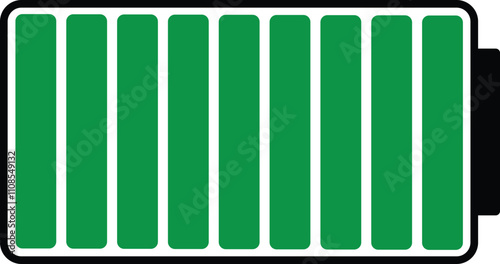 Battery icon vector. Full charge symbol. Green battery icon representing full charge status for electronic devices.