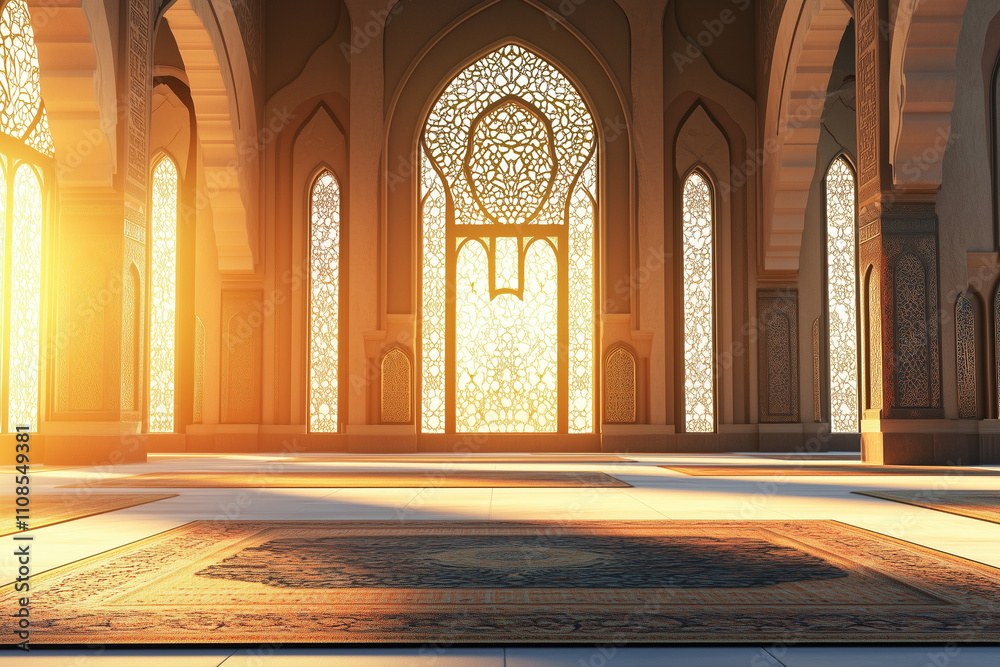 Fototapeta premium A luxurious Islamic interior design with intricate arabesque patterns on walls, arches, and carpets, with copy space.