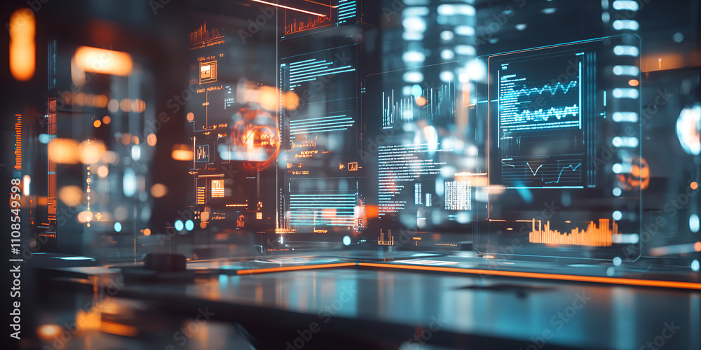 Fototapeta premium Modern Data Dashboard on Computer Screen with Bokeh Lights
