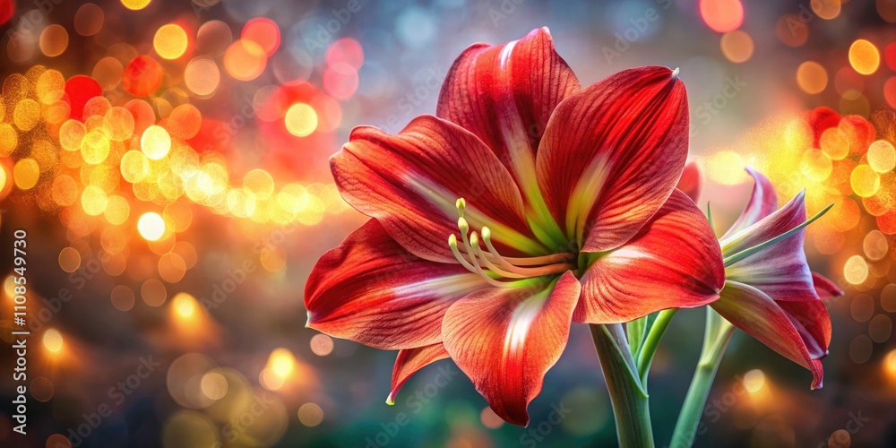 Obraz premium Breathtaking Bokeh Effect of a Vibrant Red Amaryllis Flower Bloom in Full Glory - Nature's Stunning Beauty Captured in Soft Focus