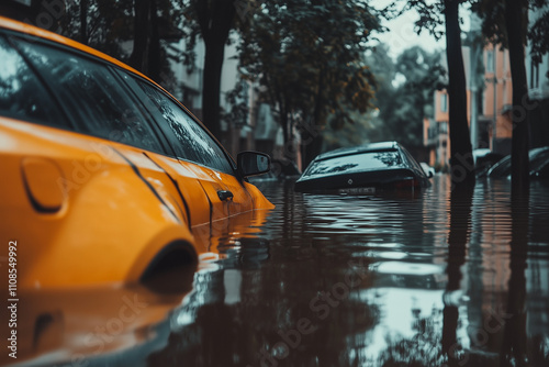 car on the street flooded  photo