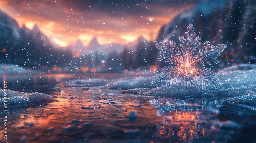 Obraz premium Intricate icy pattern of a snowflake illuminated under a stunning sunset sky over a serene frozen lake