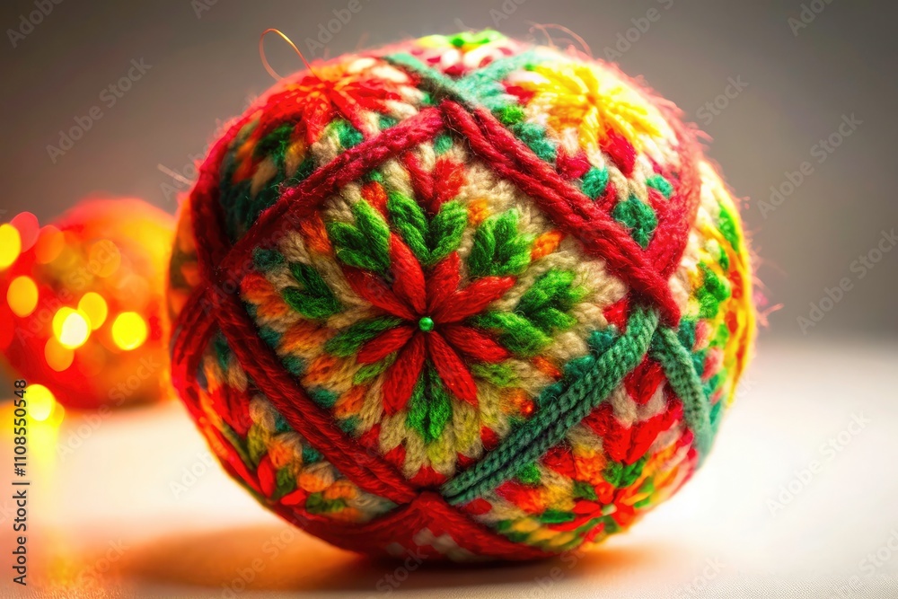 Fototapeta premium Christmas Knitting Wool Ball, Festive Yarn, Holiday Crafts, Winter Texture, Cozy Knitting Supplies, Low Light Photography