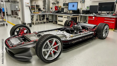 High-tech electric vehicle chassis displayed in modern automotive workshop