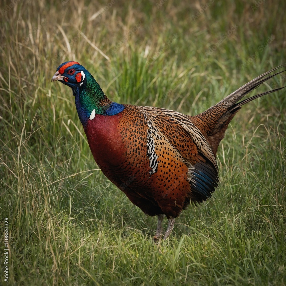 Fototapeta premium A pheasant strutting in tall grass, its plumage colorful.