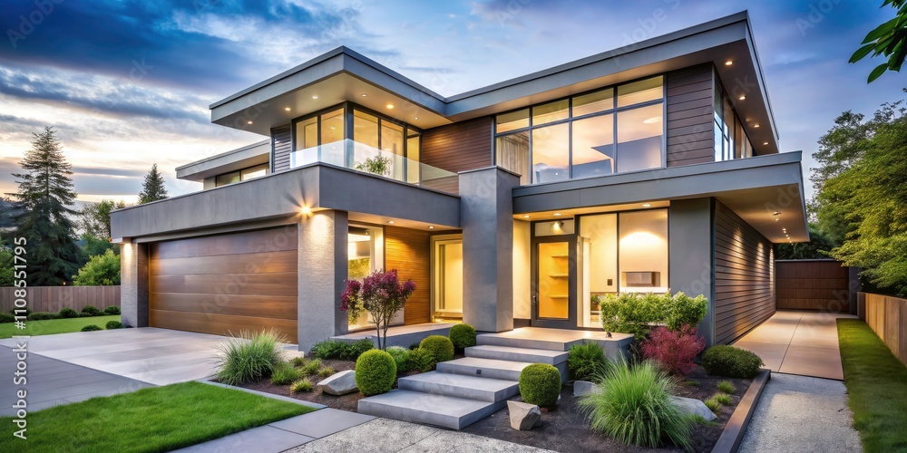 Contemporary Boxy Home with Light Grey Cladding and Sliding Glass Doors in Landscaped Yard Contemporary Boxy Home with Light Grey Cladding and Sliding Glass Doors in Landscaped Yard