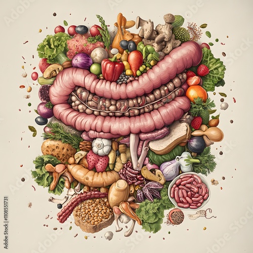 An informative illustration of the intestinal system with a focus on food and mechanisms that promote intestinal health and strength. photo