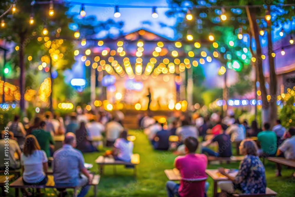 Fototapeta premium Party in the garden in the evening Street garlands Blurred silhouettes of people in simple everyda