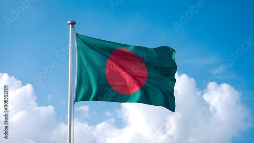 Bangladesh National Flag Waving Proudly Against a Clear Blue Sky, Commemorating Victory Day and Celebrating Freedom, Resilience, and Independence.