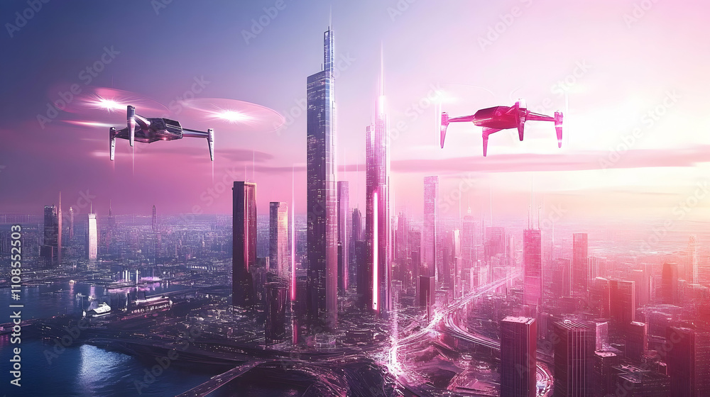 Naklejka premium Futuristic city skyline at sunset with two drones flying overhead.