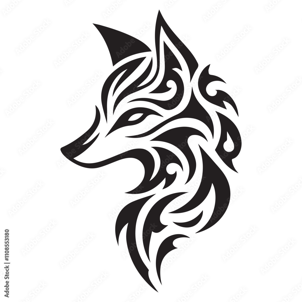Fototapeta premium Fox silhouette in bohemian, boho, nature illustration. fox head art, vector illustration. Double exposure with fox and flowers, decorative concept. Poster, card or t-shirt design