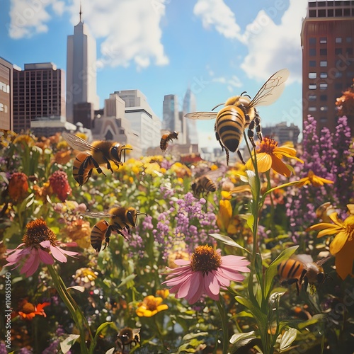An urban garden teeming with life as bees diligently pollinate vibrant flowers amidst the cityscape. photo