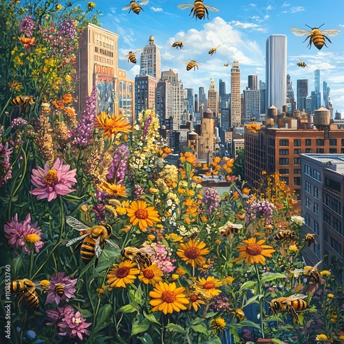 An urban garden teeming with life as bees diligently pollinate vibrant flowers amidst the cityscape. photo