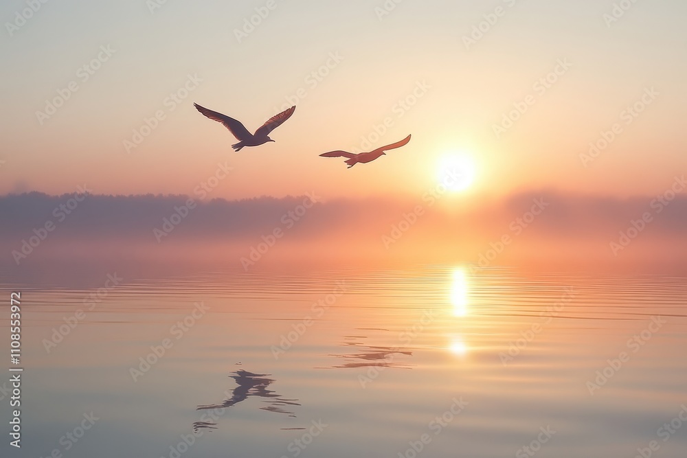 Fototapeta premium Two seagulls fly over calm water at sunrise. Perfect for peace, freedom, or travel themes.