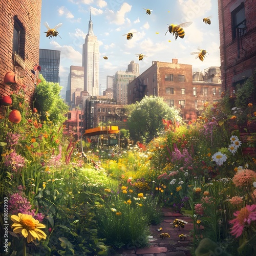An urban garden teeming with life as bees diligently pollinate vibrant flowers amidst the cityscape. photo