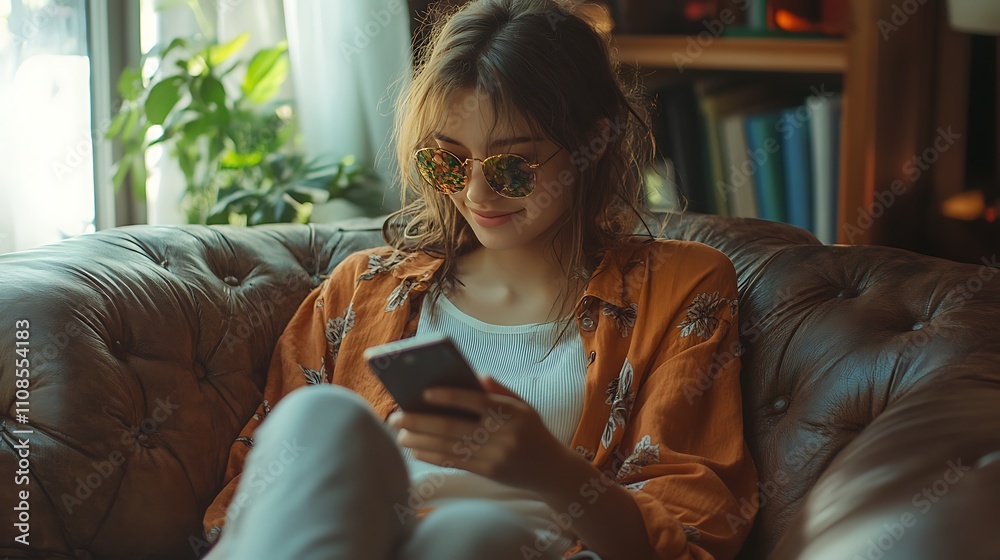 Obraz premium Young woman relaxing at home using smartphone cozy environment