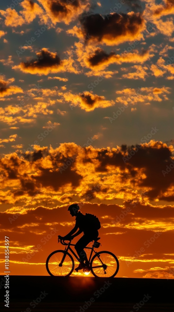 Obraz premium Cyclist silhouetted against the sunset, with room for text in the sky.