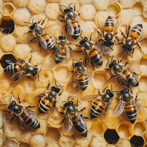 Bees collaborating in harmony within a beehive, showcasing their diligent teamwork and intricate social structure. photo