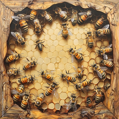 Bees collaborating in harmony within a beehive, showcasing their diligent teamwork and intricate social structure. photo