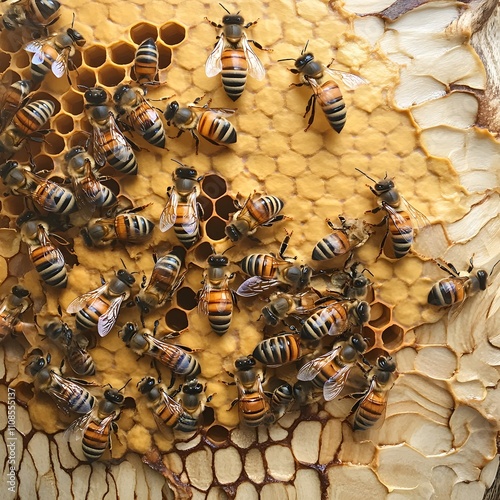Bees work together harmoniously inside a beehive, showcasing their collective effort and organization in creating and maintaining their intricate hive structure. photo