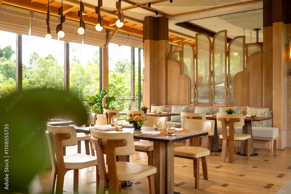 Fototapeta premium Elegant Modern Restaurant Interior with Natural Light