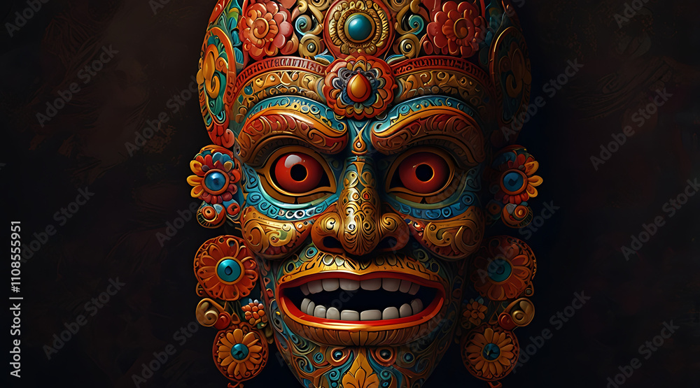 Fototapeta premium A vibrant illustration of a traditional Balinese Barong mask, featuring bold patterns, radiant colors, and intricate detailing, glowing against a dark, textured background.