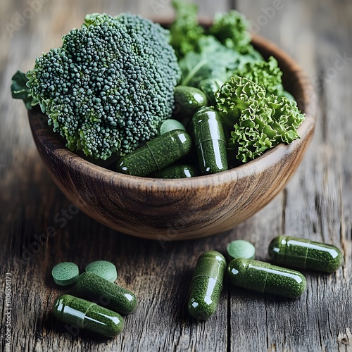 Cruciferous vegetable capsules represent a modern approach to a keto diet and dietary supplements, emphasizing health benefits and convenience in maintaining a balanced diet. photo