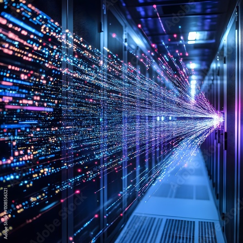 Data leakage depicted through data streaming out of a compromised server or database, emphasizing the unauthorized exposure of sensitive information during a data breach.