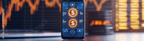 mobile banking 3d  transaction network concept. Smartphone displaying cryptocurrency data with financial graphs in the background. photo