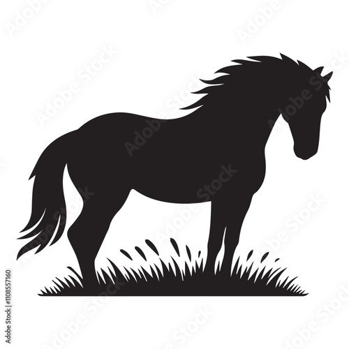 Black silhouette of a horse isolated on a white background. Concept of equine illustration minimalist style, majestic animal art, suitable for prints, icons, logos, and design elements