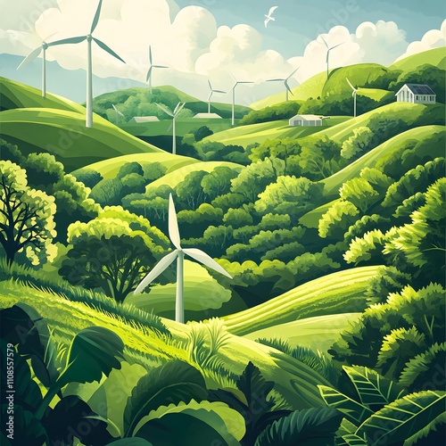 Environmental Conservation graphic design featuring lush green landscapes and renewable energy sources, symbolizing the advancement and dedication to preserving the environment. photo