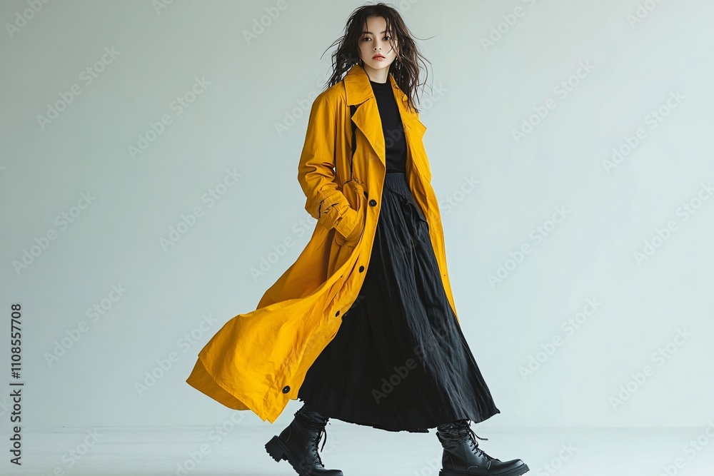 Naklejka premium Stylish young woman in a vibrant yellow trench coat exuding confidence, ideal for fashion ads, modern lifestyle blogs, or seasonal promotions such as spring fashion.