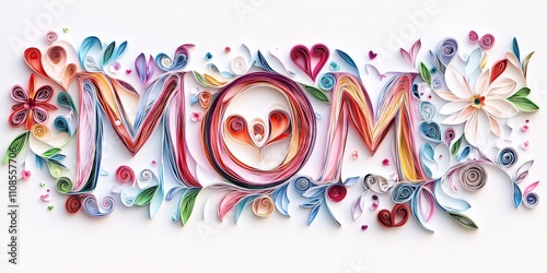 A Colorful Paper Quilling Art of MOM with Intricate Floral Designs and Hearts. Happy Mothers Day Concept.