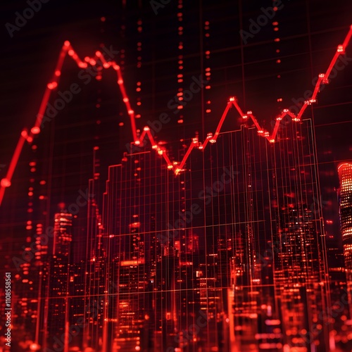 Graphs showing a decline, with a red city backdrop, illustrating the global economic recession. photo