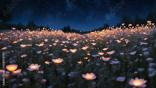 A field of bioengineered flowers that emit soft colored lights, creating an otherworldly atmosphere under a starry sky. photo