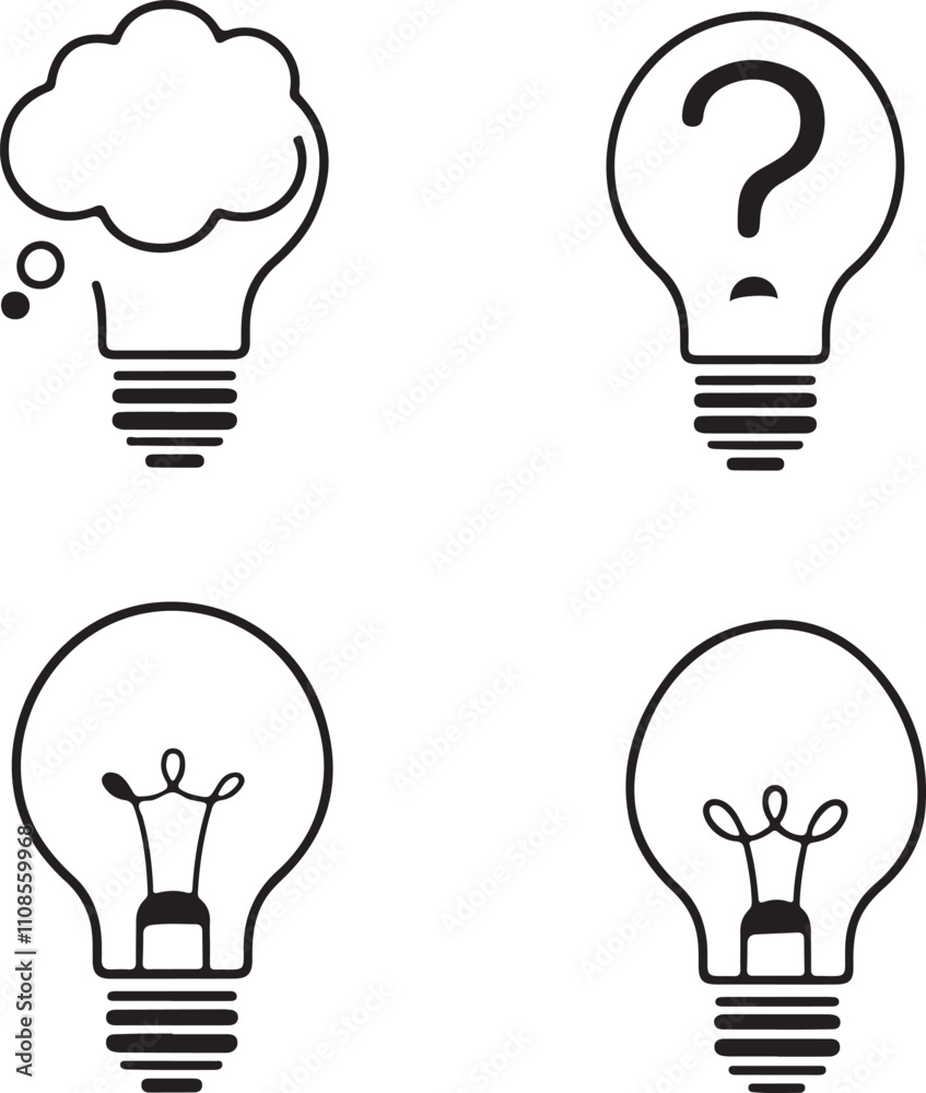 A set of outline light bulb icon. Idea symbol. Electric lamp, light, innovation, solution, creative thinking, electricity. Outline, flat and colored style. Flat design. A set of outline light bulb icon. Idea symbol. Electric lamp, light, innovation, solution, creative thinking, electricity. Outline, flat and colored style. Flat design.