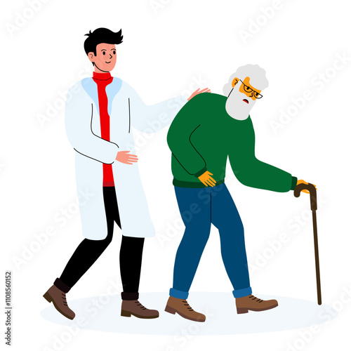 Doctor helps elderly man walk with a cane in a caring environment