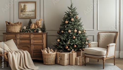 Elegant Christmas Interior Decor: Cozy Living Room with Decorated Tree, Gifts, and Classic Furniture