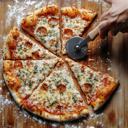 Hands using a pizza cutter to slice a pizza into equal portions, followed by serving the slices. photo