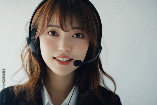 Young Woman Wearing Headset Smiling Directly at Camera photo